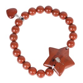 SUNYIK 8-9mm Natural Red Jasper Crystal Beaded Strand Bracelet for Women Men Polished Stone Beads Bracelet with Star & Heart Charm