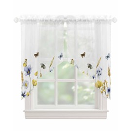 LaBLUUX Semi Sheer Curtains Swag Valances, Vintage Vintage Blue Yellow Flowers with Butterfly Rod Pocket Swag Curtains, Sheer Short Window Swags for Kitchen Bedroom Living Room, 1 Pair, 36x45 Inches