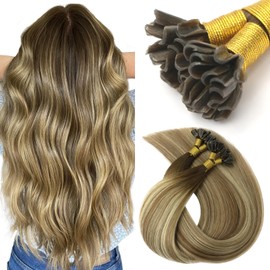 VINBAO U Tip Hair Extensions Human Hair Balayage, Dark Brown to Light Brown with Medium Blonde, 40g 50s Hot Fusion Balayage K Tip Hair Extensions Human Hair 14inch U Tip #3/8/22