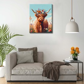 Paint by Numbers Kit for Adults, Highland Cattle DIY Canvas Oil Painting, Bull with Wreath of Flowers in the Field Easy Paint by Number for Beginners Enthusiasts Arts Home Decor 16x20inch Frameless