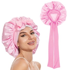 1 Pcs Satin Bonnet, Silk Bonnet for Sleeping Adjustable Hair Bonnet for Sleeping Elastic Band Satin Hair Bonnet Silk Hair Wrap for Sleeping Hair Cap for All Hair Types (Pink)