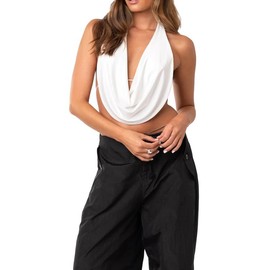 Women Backless Crop Tops Casual Front Draped Bandage Sleeveless Halter Neck Vest Tops Party Club Streetwear - Color: Black, Size: M