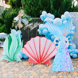 Weysat 3 Pieces Large Sea Party Stand Under The Sea Party Decorations Set 23-35 Inch Baby Shower Stand Summer Mermaid Tail Shel Waterweed Cutouts Birthday Favor for Baby Shower Photo Booth Prop