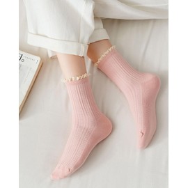 FITU Women's Ruffle Socks,Casual Cute Ankle Breathable Knit Cotton Soft Frilly Crew Socks for Women 5 Pack