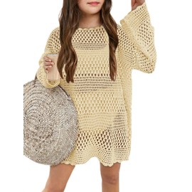 Batermoon Girls Crochet Long Sleeve Swimsuit Cover Up Kids Fashion Hollow Out Swimwear Beach Dress 5-14 Years