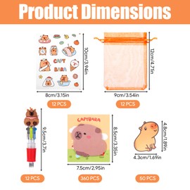 Qiimenguer 98 Pcs Capybara Stationery Party Gifts，12 Pcs 4-in-1 Capybara Ballpoint Pens、Clear Stickers、Organza Goodie Bag 、12 Sticky Note Pads and 50 Pcs Capybara Stickers Suitable for Event Prizes