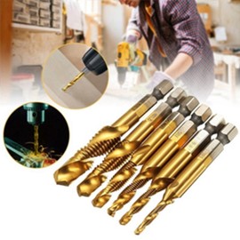 6 Piece Combi Tap Drill Bit Set, M3 / M4 / M5 / M6 / M8 / M10, 1/4 Inch HSS M3-M10 Combination Drill Tap, High-Speed Steel Tap Drill, Nitride Surface for High Hardness Rust, Metallic shine