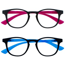 Opulize Kids 2 Pack Blue Light Blocking Glasses Screen Protection Boys Girls Age 6+ Black Neon Pink Blue BB47-FB