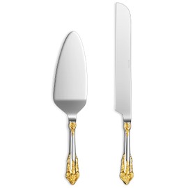 KEAWELL Hermoso Juego de Cuchillos y Servidor para Tarta de Bodas, Acero Inoxidable 18/10, Elegante Juego de Corte para Tartas (Acento Dorado)