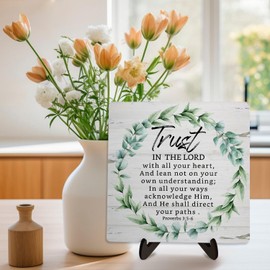 Bible Verse Sign,Christian Sign, Table Art Signs, Rustic Wooden Sign Desk Decor for Office, Positive Home Decor Motivational Scripture Gift 5.9x5.9inch (PROVERBS 3:5-6)