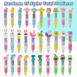 Xndryan Multi Coloured Pens All In One, 30-Pack Cartoon Ballpoint Pens 4-Color Pens Retractable Pens Animal Pens, Ideal Party Bag Fillers for Kids School Prizes Class Gifts for 30 Children