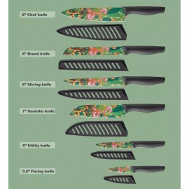 Marco Almond Knife Set - 6 Stainless Steel Kitchen Knives (Green + Black)