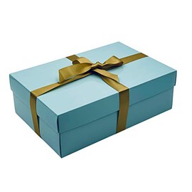 Blue Gift Box with Lid | Pick Your Ribbon Colour | Large Memory or Hamper Boxes | Flat-Packed Gift Boxes for Presents, Birthday or Baby Gifts | Size 30x20x10cm (Gold Ribbon 56)