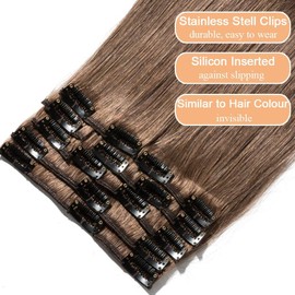 Elailite Clip-In Extensions 100% Remy Real Hair Clip-In Hair Extensions 8 Wefts, 18 Clips, Straight 45 cm, 70 g, #06 Light Brown