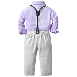 amokk Gentleman Outfits Formal Wear for Toddler Baby Boys Bow Tie and Suspenders Clothing Set (Purple-White, 12-18 M)
