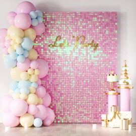 COKAOBE Iridescent Pink Shimmer Wall Backdrop, 24 Panels Square Sequin Shimmer Backdrop, Photo Backdrops for Birthday, Anniversary, Wedding, Graduation & Bachelorette Party Decoration