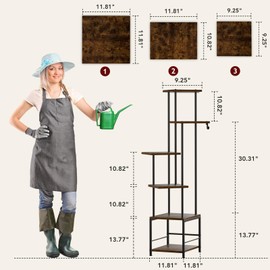 Plant Stand Indoor with Grow Light, 6-Tiered Tall Plant Stand Indoor, Metal Plant Shelf with Hanging Basket Hook and Adjustable Light, Ideal for Living Room, Garden, Patio, （Brown and Black）