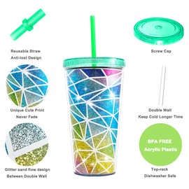 Home Tune Cute Glitter Tumbler Cups with Lid and Straw, Double Wall Insulated Acrylic Cup, 22 oz / 650ml (Colorful)