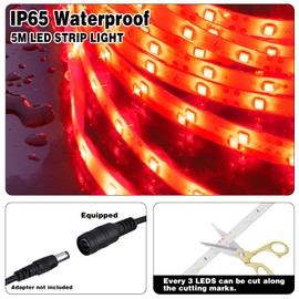 iNextStation 12V LED Light Strip IP65 Waterproof Red LED Strip Lights 16.4ft/5m Cuttable 300 SMD 2835 LED Tape Flexible Led Lights for Bedroom Outdoor Indoor Decor (Power Adapter not Included)
