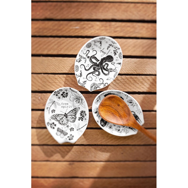 Karma, Boho Spoon Rest, Black and White Ceramic Spoon Rest,
