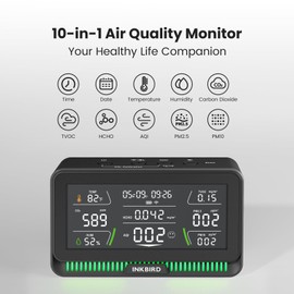 10-in-1 Air Quality Monitor with WiFi App Alerts | CO2, PM2.5, HCHO, TVOC Detector | 6.1" HD Display & 2Y Data Storage | Wall/Desk Mount for Home, Office, School (Black)