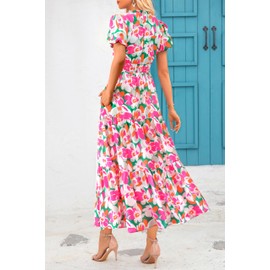 MASCOMODA Summer Maxi Dress for Women 2025 Casual V Neck Puff Short Sleeve Smocked Ruffle Flowy Beach Boho Long Floral Dress(Green Pink Flower,Large)