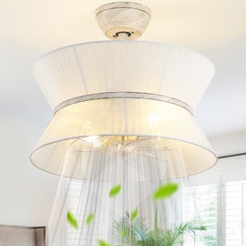 MizWacky 20" Rattan Boho Ceiling Fans with Lights, Caged white Fandelier Ceiling Fan with Light Remote Control, Enclosed with 6 Speeds for Bedroom, Nursery, Living Room