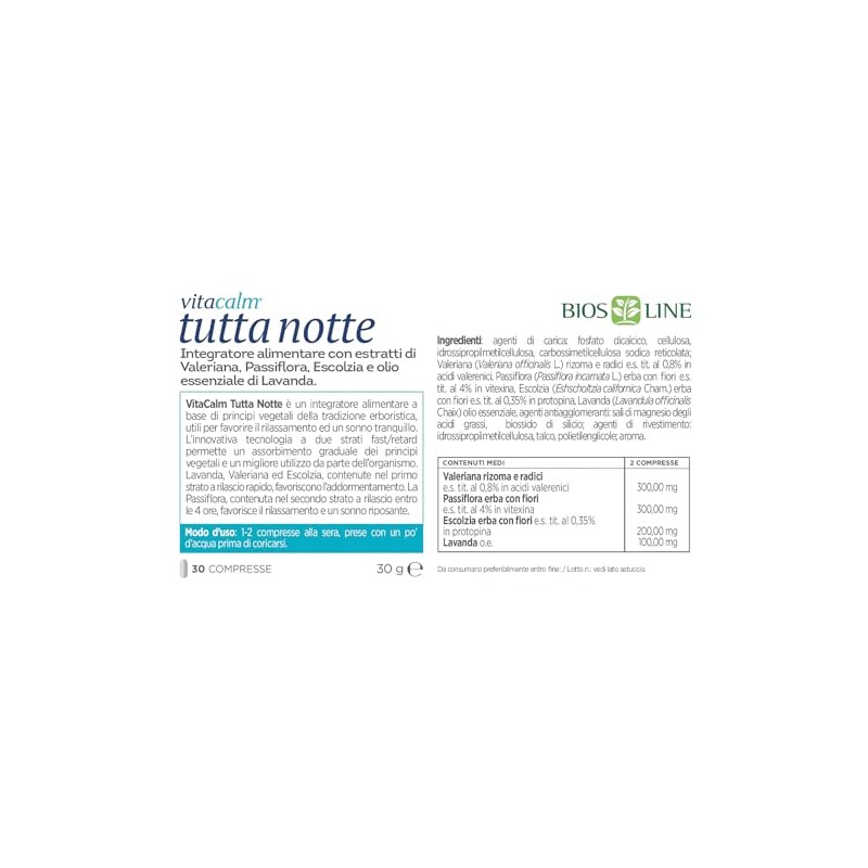Bios Line VitaCalm Tutta Notte Fast Integratore Alimentare 30 Compress