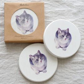 Jubilee Diatomaceous Earth Coasters Set of 2 Cat Pastel Colors Absorbent Natural Material (R4 White)