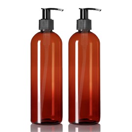 ljdeals 16 oz Amber Plastic Bottles with Pumps, Soap Dispenser, Slim, Tall Squeezable Refillable Containers for Shampoo, Lotion, Cream and More… Pack of 2, BPA Free, Made in USA