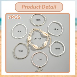 Nayyana 7 Pieces Shell Bracelets for Women, Boho Multilayer Pearl Bracelets, Starfish Bracelets, Shell Bracelets, Summer Beach Bracelets, Jewellery Accessories for Women - Silver