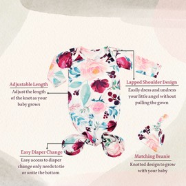 Giggle Angel Newborn Baby Sleeper Gown Knotted Gown Baby Girl Coming Home Outfits 2-Piece Gown and Hat Set (PinkLeaf and Purple, 0-3 Months)