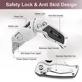 Harita Box Cutter Utility Knife with Quick Change Blades, Stainless Steel Body, Back-lock Mechanism, Portable Cutter Knife with Clip, Heavy Duty Razor Knife with 5-piece Extra Blades (Black)