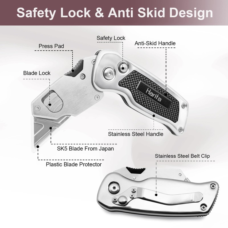 Harita Box Cutter Utility Knife with Quick Change Blades, Stainless
