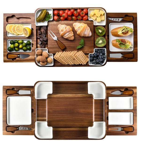 Shanik Upgraded Acacia Cheese Board Set, Square Shaped Charcuterie Set, Cheese Platter, Handcrafted Design and Stainless Steel Cutlery Set - Gift For any Occasion without engraving