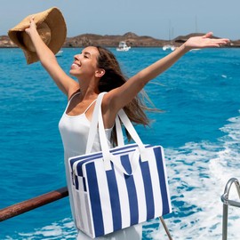 Kalidi Beach Bag XXL Family, Bathing Bag Large Beach Bag Women, Waterproof Beach Bag with Zip Bathing Bag XXL Family Swimming Pool Bag Shopper Bag, Blue and White