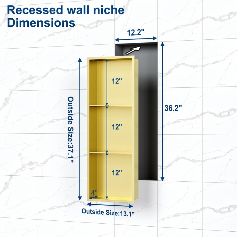3-Tier Gold Recessed Shower Niche, 12X36 Inch Wall Niche