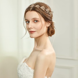 BABEYOND Bridal Headpiece Handmade Wedding Hair Vine Crystal Floral Leaf Headband with Lace Ribbon