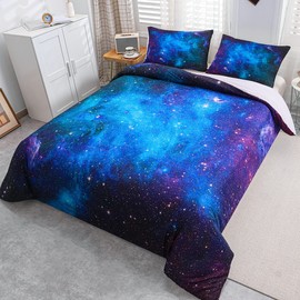 Feelyou Galaxy Bedding Set Twin Size, Girls Boys Kids Teen Comforter Cover, Outer Space Duvet Cover Galaxy Stars in Space Celestial Astronomic Planets, Decorative Bedclothes Blue Purple