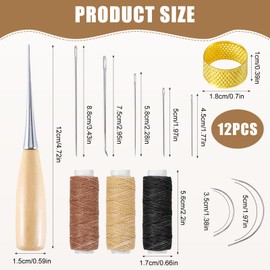 Leather Sewing Needles 12 Pieces, Leather Needles Hand Leather Tool Sewing Needles, Waxed Sewing Thread Sewing Set, Curved Upholstery Needles with Drilling Awl, Waxed Thread, Sewing Needles Thimble