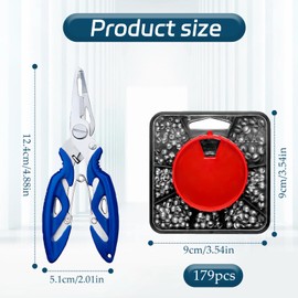 179 Pcs Split Shot Fishing Weights, 7 Sizes Fishing Weights Set,Durable Fishing Tackle with Pliers and Compartment Box,Suitable for All Environments