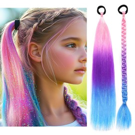Rainbow Ponytail Extensions With Hair Tie 2 Packs 40g/Pack Coloured Hair Extensions for Braiding 18 inch Colorful Ombre Mermaid Pony Tail Synthetic Hair Extensions for Girl Women SS39