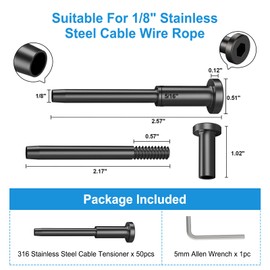 RailinGo 50Pack 1/8" Black Invisible Cable Railing Kit, T316 Stainless Steel Invisible Receiver and Swage Stud End for Cable Railing, Swage Tensioner for Wood&Metal Cable Post, Wire Railing Kit, RG60