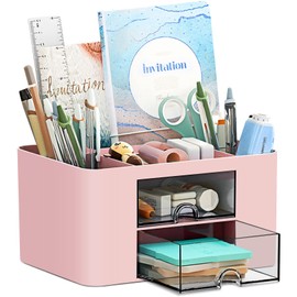 PAMIYO Desk Organiser, 7 Compartments, Plastic Office Organiser, Multifunctional Pen Holder, Desk with Drawer, Plastic Table Organiser, Pen Holder for Office, Home, School (Pink)