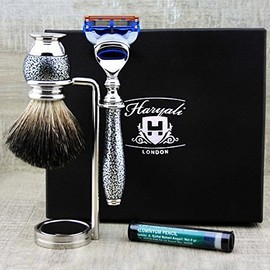 Mens Silver Antique 5 Edge Razor Set with Black Badger Shaving Brush, Razor Stand and Alum Pen
