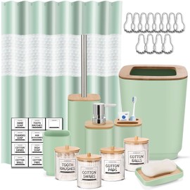 IMAVO Green Bathroom Set,23 Pcs Bathroom Accessories Set with Shower Curtain,Trash Can,Soap Dispenser,Soap Dish, Toothbrush Holder,Toothbrush Cup,Toilet Brush Holder and 4 Qtip Holders