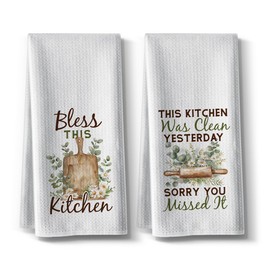 Hcaredee Bless This Kitchen Dish Towels,16 * 24,2pcs,Funny Dish Towels Quotes Faith,Family,Love,Hilarious Absorbent Tea Hand Towels for Cooking Baking,Best Gifts for Hostess New Home Mom Women