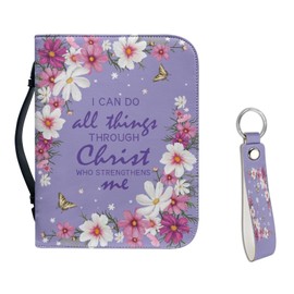 Tutolipy Floral Butterfly Verse Print Bible Carrying Case Set for Christian Zippered PU Leather Bible Cover with Wristlet Keychain, I Can Do All Things Through Christ Who Strengthens Me