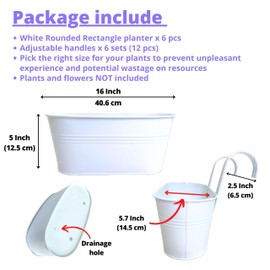 LaLaGreen Outdoor Plants Rail Planter (16 Inch, 6 Pack) White Metal Iron Hanging Flower Pots Deck Railings Fence Buckets Modern Boho Style Wall Mount Window Boxes Plant Holder Hooks Porch Home Decor