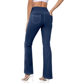 CHANLEED Women's Bootcut Yoga Pants, Wide Leg Leggings with Pockets High Waist Flare Dress Pants Petite/Regular/Tall（Petite Navy Blue-M）